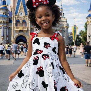 Disney Minnie Mouse Dress NWOT | Red Bow Polka Dot Cotton Girls 7/8 | Park Trip